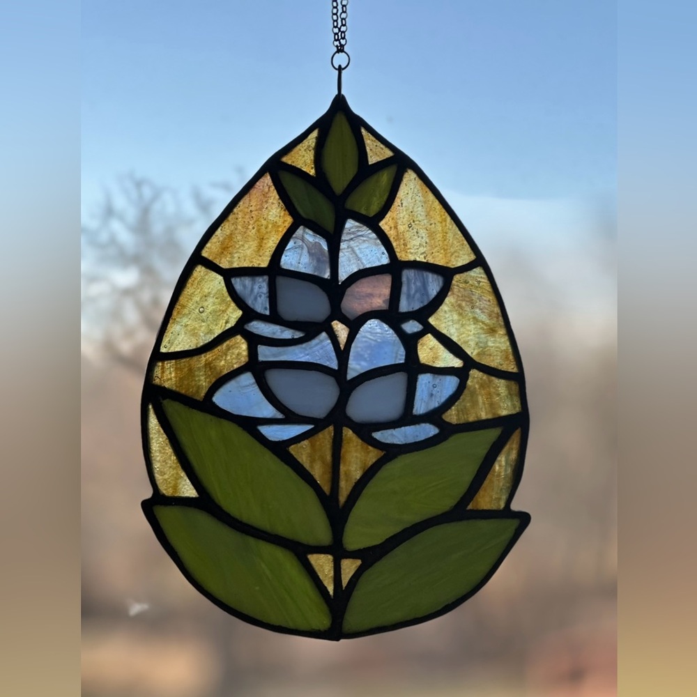 Handmade Stained Glass Hanging.  Bluebonnet Flower.  Texas